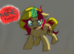 Size: 3040x2210 | Tagged: safe, artist:knight-of-bacon, sunset shimmer, pony, unicorn, angry, crying, floppy ears, frown, glare, implied flashimmer, implied shipping, implied straight, jealous, magic, messy mane, open mouth, rough sketch, shitposting, solo, sunsad shimmer, wide eyes