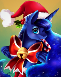 Size: 1704x2128 | Tagged: safe, artist:pridark, princess luna, alicorn, pony, bell, bow, candy, candy cane, christmas, cute, food, hat, holly, lunabetes, mouth hold, portrait, santa hat, solo