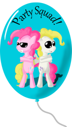 Size: 601x1054 | Tagged: safe, artist:kiyoshiii, pinkie pie, surprise, earth pony, pegasus, pony, g1, balloon, bipedal, duo, g1 to g4, generation leap, sunglasses