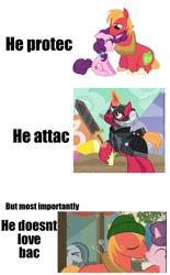 Size: 633x1024 | Tagged: safe, edit, edited screencap, screencap, big macintosh, marble pie, sugar belle, pony, unicorn, best gift ever, dungeons and discords, attac, meme, mistletoe, protec, race swap, shitposting, sir mcbiggen, unicorn big mac