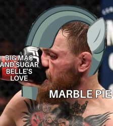 Size: 716x800 | Tagged: safe, edit, marble pie, human, best gift ever, barely pony related, caption, conor mcgregor, downvote bait, image macro, implied big macintosh, implied shipping, implied straight, implied sugar belle, implied sugarmac, marblebuse, meme, mma, punch, shitposting, text, ufc