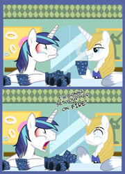 Size: 1069x1486 | Tagged: safe, artist:edowaado, prince blueblood, shining armor, pony, unicorn, coffee, comic, screaming armor 2: the fall of blueblood