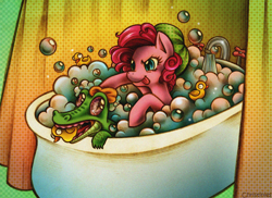 Size: 850x618 | Tagged: safe, artist:christinies, gummy, pinkie pie, earth pony, pony, bath, duo, pet, rubber duck