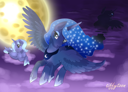 Size: 1024x733 | Tagged: safe, artist:tiffytoons, nightmare moon, princess luna, alicorn, pony, duality, flying, lunar trinity, moon, prone, s1 luna, smiling