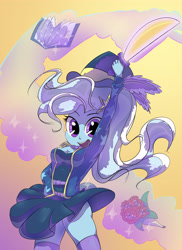 Size: 3200x4400 | Tagged: safe, artist:hananpacha, derpibooru import, trixie, better together, equestria girls, street magic with trixie, bouquet, clothes, cute, diatrixes, flower, hat, implied sci-twi, magic, open mouth, schrödinger's pantsu, sideass, skirt, skirt lift, socks, solo, sword, telekinesis, thigh highs, thighs, weapon, zettai ryouiki