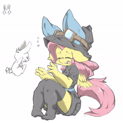 Size: 2480x2480 | Tagged: safe, artist:asprin white rabbit, angel bunny, fluttershy, anthro, pegasus, bunny ears, clothes, costume, dangerous mission outfit, eyes closed, female, goggles, hoodie, open mouth, pixiv, simple background, socks, stockings, thigh highs, white background