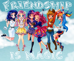 Size: 900x741 | Tagged: artist needed, safe, artist:semehammer, derpibooru import, applejack, fluttershy, pinkie pie, rainbow dash, rarity, twilight sparkle, human, clothes, cute, dress, humanized, mane six, skirt