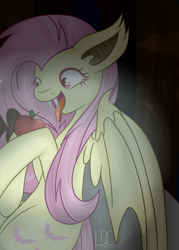 Size: 2500x3500 | Tagged: safe, artist:littledreamycat, fluttershy, bat pony, pony, apple, flutterbat, food, solo