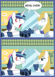 Size: 1069x1486 | Tagged: safe, edit, prince blueblood, shining armor, pony, unicorn, bend over, exploitable meme, gay, joke, male, meme, screaming armor 2: the fall of blueblood, shiningblood