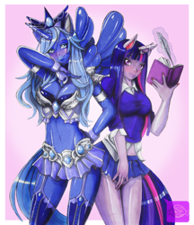 Size: 900x1044 | Tagged: safe, artist:shugarsketch, princess luna, twilight sparkle, anthro, bedroom eyes, book, breasts, female, levitation, magic, magical girl, princess balloona, quill, s1 luna, telekinesis, traditional art