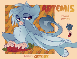 Size: 2000x1545 | Tagged: safe, artist:spoopygander, derpibooru import, oc, oc:artemis, oc:parula cerulean, fish, griffon, adopted, beak, chest fluff, eyeshadow, fabulous, female, griffon oc, makeup, open beak, paw prints, paws, reference sheet, salmon, solo, tongue out