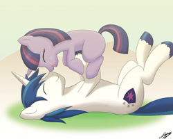 Size: 3240x2588 | Tagged: safe, artist:skecchiart, shining armor, twilight sparkle, pony, unicorn, bbbff, boop, brother and sister, cute, daaaaaaaaaaaw, eyes closed, female, filly, filly twilight sparkle, happy, male, noseboop, on back, shining adorable, siblings, smiling, twiabetes, weapons-grade cute, younger