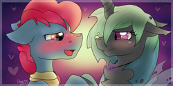 Size: 1024x512 | Tagged: safe, artist:littledreamycat, apple split, oc, changeling, apple family member, blushing, canon x oc, cute, fanfic in the description, hearts and hooves day, romance, shipping, story included