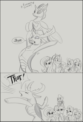 Size: 2190x3224 | Tagged: safe, artist:firimil, derpibooru import, fluttershy, starlight glimmer, thorax, trixie, twilight sparkle, twilight sparkle (alicorn), alicorn, changedling, changeling, dragon, pegasus, pony, unicorn, :i, annoyed, begone thot, bipedal, bugs doing bug things, climbing, comic, cute bug noises, descriptive noise, dialogue, eating, eyes closed, faic, fanfic, fanfic art, fanfic cover, fastball special, female, floppy ears, food, frown, glowing horn, grayscale, grin, gritted teeth, hoof hold, hooves together, king thorax, lidded eyes, lip bite, magic, mare, mismatched eyes, missing accessory, monochrome, open mouth, popcorn, puffy cheeks, raised eyebrow, raised hoof, simple background, sitting, smiling, squee, thot, throwing, underhoof, watching, wide eyes, yeet