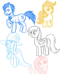 Size: 750x917 | Tagged: safe, artist:spacestrawberry, derpibooru import, derpy hooves, doctor whooves, fluttershy, scootaloo, trixie, pegasus, pony, male, sketch, stallion