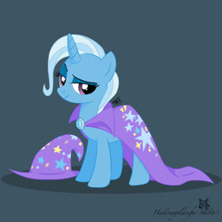 Size: 1280x1280 | Tagged: safe, artist:hallowgoldenfur, derpibooru import, trixie, pony, unicorn, cape, clothes, female, gray background, hat, looking at you, mare, raised eyebrow, simple background, solo, standing, three quarter view, trixie's cape, trixie's hat