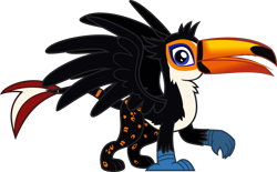 Size: 2209x1367 | Tagged: safe, artist:lightningbolt, derpibooru exclusive, derpibooru import, oc, oc only, oc:tristão, bird, griffon, toucan, .svg available, beak, claws, folded wings, griffon oc, looking at you, male, ocelot, open beak, open mouth, paws, raised leg, simple background, solo, spots, spread wings, standing, svg, toco toucan, tongue out, toucan griffon, transparent background, vector, wings