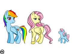 Size: 827x598 | Tagged: safe, fluttershy, rainbow dash, oc, pegasus, pony, female, filly, flutterdash, lesbian, magical lesbian spawn, offspring, parent:fluttershy, parent:rainbow dash, parents:flutterdash, shipping