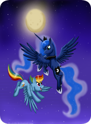 Size: 1024x1384 | Tagged: safe, artist:shadeila, princess luna, rainbow dash, alicorn, pegasus, pony, duo, duo female, female, horn, mare, wings