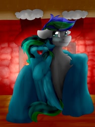 Size: 774x1032 | Tagged: safe, artist:littledreamycat, oc, oc only, oc:liyana, oc:storm feather, pony, blanket, christmas, cuddling, fireplace, happy, indoors, smiling, snuggling