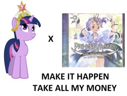 Size: 1294x975 | Tagged: safe, artist:ryoki-fureaokibi, derpibooru import, twilight sparkle, all caps, big crown thingy, element of magic, elements of harmony, exploitable meme, game, make it happen, meme, meta, princess maker, tiara