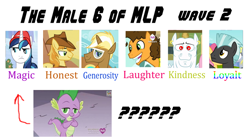 Size: 696x389 | Tagged: safe, braeburn, bulk biceps, cheese sandwich, shining armor, spike, thunderlane, trenderhoof, dragon, pony, unicorn, alternate mane six, element of loyalt, male 6, meme, misspelling, wave 2