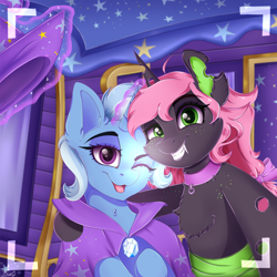 Size: 1000x1000 | Tagged: safe, artist:buru-misu, derpibooru import, trixie, oc, oc:oculus, changeling, pony, unicorn, camera shot, changeling oc, chest fluff, female, freckles, glowing horn, hat, looking at you, magic, mare, one eye closed, open mouth, telekinesis, wink