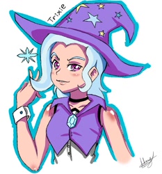 Size: 1008x1082 | Tagged: safe, artist:neyl, derpibooru import, trixie, human, clothes, cuffs (clothes), digital art, hat, humanized, signature, simple background, solo, trixie's hat, white background