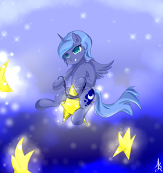 Size: 2833x3000 | Tagged: safe, artist:siranarchy95, princess luna, alicorn, pony, filly, ponies riding heavenly objects, reins, riding, rope, solo, stars, tangible heavenly object, woona