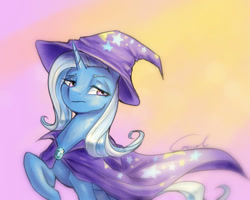 Size: 750x600 | Tagged: safe, artist:cassiel, derpibooru import, trixie, pony, unicorn, female, frown, looking back, mare, raised eyebrow, raised hoof, solo, unamused