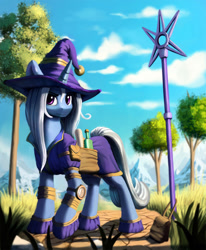 Size: 1600x1939 | Tagged: safe, artist:sceathlet, derpibooru import, trixie, pony, unicorn, bottle, clothes, compass, female, hat, mare, mountain, pouch, saddle bag, scroll, solo, staff, tree, trixie's cape, trixie's hat, wizard hat