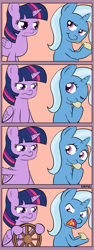 Size: 563x1500 | Tagged: safe, artist:empyu, derpibooru import, trixie, twilight sparkle, twilight sparkle (alicorn), alicorn, pony, 4koma, comic, female, mare, quesadilla, they're just so cheesy, wheel, wheels trixie