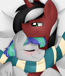 Size: 3000x3500 | Tagged: safe, artist:littledreamycat, oc, oc only, oc:phantom, oc:storm feather, pegasus, pony, bed, blushing, clothes, cuddling, eyes closed, gay, male, red and black oc, scarf, shared clothing, shared scarf