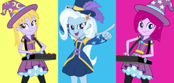 Size: 939x446 | Tagged: safe, derpibooru import, edit, fuchsia blush, lavender lace, trixie, better together, equestria girls, rainbow rocks, street magic with trixie, trixie and the illusions