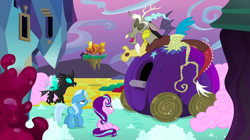 Size: 1440x809 | Tagged: safe, derpibooru import, screencap, discord, starlight glimmer, thorax, trixie, changeling, draconequus, pony, unicorn, to where and back again, chaos, cotton candy, crystal, eyes closed, female, floating island, male, mare, pumpkin, pumpkin carriage, purple sky, quartet, reformed four, soap, soap roads, suds