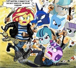 Size: 525x471 | Tagged: safe, artist:cafakero, coco pommel, maud pie, princess luna, sonata dusk, starlight glimmer, sunset shimmer, trixie, equestria girls, fight, meme, parody, waifu, waifu wars