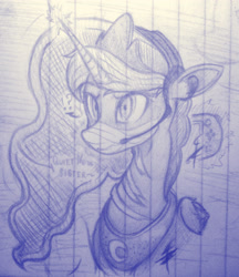 Size: 2152x2487 | Tagged: safe, artist:tamikimaru, princess luna, alicorn, pony, 2015, gag, gamer luna, headset, implied princess celestia, lined paper, magic, monochrome, sketchbook, solo, surprised, traditional art