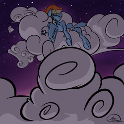 Size: 1000x1000 | Tagged: safe, artist:arcum89, rainbow dash, pegasus, pony, cloud, cloudy, earbuds, night, sleeping, stars