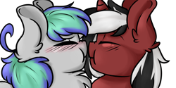 Size: 2000x1000 | Tagged: safe, artist:littledreamycat, oc, oc only, oc:phantom, oc:storm feather, pony, unicorn, blushing, boop, chest fluff, cute, ear fluff, eyes closed, gay, male, noseboop, nuzzling, oc x oc, red and black oc, shipping, simple background, transparent background