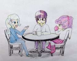 Size: 1052x838 | Tagged: safe, artist:sketchrandom, derpibooru import, sci-twi, sweetie belle, trixie, twilight sparkle, human, humanized, traditional art