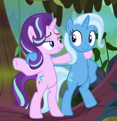 Size: 899x934 | Tagged: safe, derpibooru import, screencap, starlight glimmer, trixie, pony, unicorn, road to friendship, bipedal, cropped, duo, duo female, female, for nine at least, hoof around neck, hooves on hips, lidded eyes, looking at each other, smiling, we're friendship bound