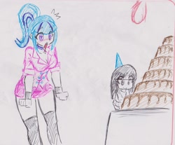 Size: 2348x1944 | Tagged: safe, artist:orochivanus, sonata dusk, equestria girls, cake, clothes, food, open mouth, socks, thigh highs, traditional art, wingding eyes