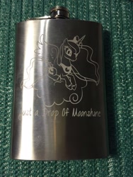 Size: 1200x1600 | Tagged: safe, princess luna, alcohol, craft, engraving, flask, food, irl, moonshine, object, photo, photography, solo