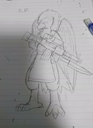 Size: 1486x2048 | Tagged: safe, artist:omegapony16, derpibooru import, oc, oc only, griffon, griffon oc, gun, irl, lineart, lined paper, pencil, photo, solo, traditional art, weapon