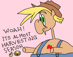 Size: 450x352 | Tagged: safe, artist:bigrigs, derpibooru import, applejack, earth pony, pony, apple, cowboy hat, emoji, food, harvesting season, hat, meme, ok hand sign, overalls, shitposting, solo, stetson, woah, 👌, 😭