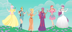 Size: 1728x768 | Tagged: safe, artist:kittyanne, derpibooru import, applejack, fluttershy, pinkie pie, rainbow dash, rarity, twilight sparkle, clothes, crown, disney, dress, humanized, mane six, princess, skinny