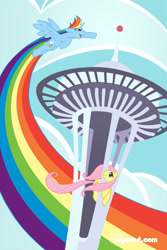 Size: 533x800 | Tagged: safe, artist:alienfirst, fluttershy, rainbow dash, pegasus, pony, contrail, seaddle, seattle, space needle