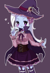 Size: 900x1295 | Tagged: safe, artist:weiliy, derpibooru import, trixie, equestria girls, blushing, clothes, cute, diatrixes, dress, equestria girls-ified, female, garter belt, hat, purple background, simple background, solo, stars, witch, witch hat