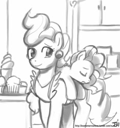 Size: 748x800 | Tagged: safe, artist:johnjoseco, cup cake, pinkie pie, earth pony, pony, filly, grayscale, monochrome, sleeping