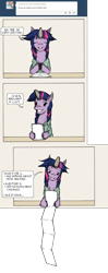 Size: 949x2394 | Tagged: safe, artist:dreamingnoctis, shining armor, twilight sparkle, pony, unicorn, ask asylum twilight, asylum, excited, eyes closed, grin, hoof hold, list, looking at you, reading, smiling, tumblr, unshorn fetlocks